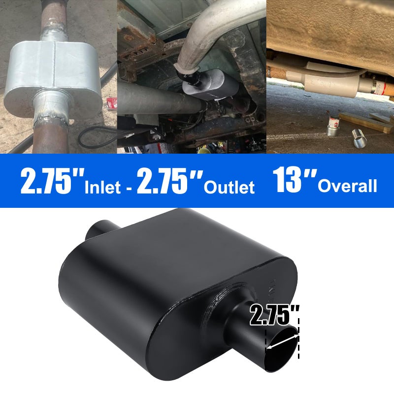 Floshine Universal Mufflers Performance Automotive Exhaust Muffler Single Chamber 2.75 inch inlet (ID) 2.75 inch outlet (ID) Black FH427109 - Image 5
